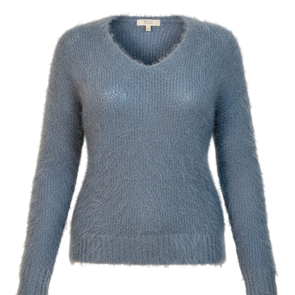 Poof Apparel Sweater Womens Blue Fuzzy Eyelash Knit V-Neck Fall Cozy Fairy JR L
